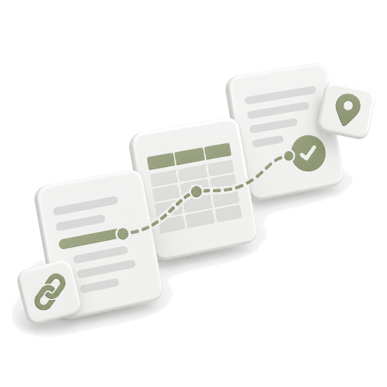 Three documents joined by a dashed thread that ends in a check, with link and location marks
